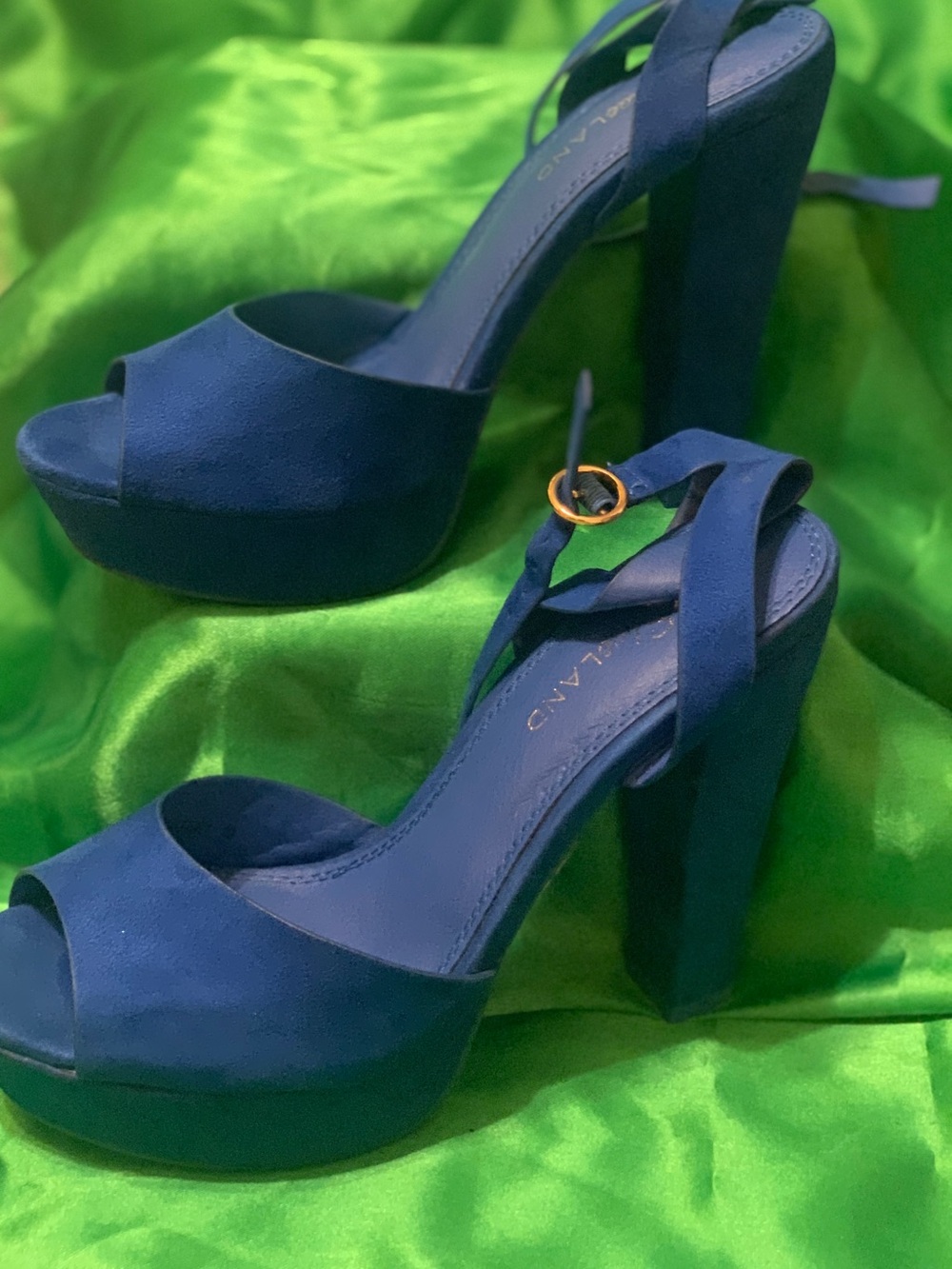 Shoe Land Elegant Suede Platform Block Heel Sandals in Royal Blue